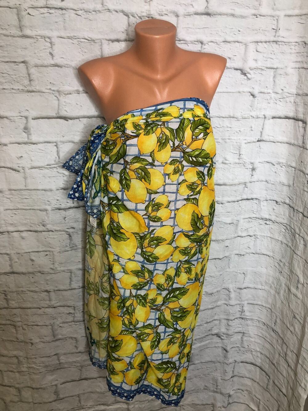 Calypso St. Barth Yellow Lemon Print Scarf with Blue Trim Embroidery NEW NWOT